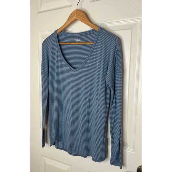 Mudd Women's Y2K Gray Blue Striped Long Sleeve Shirt Side Slit Size Small - Picture 3 of 9